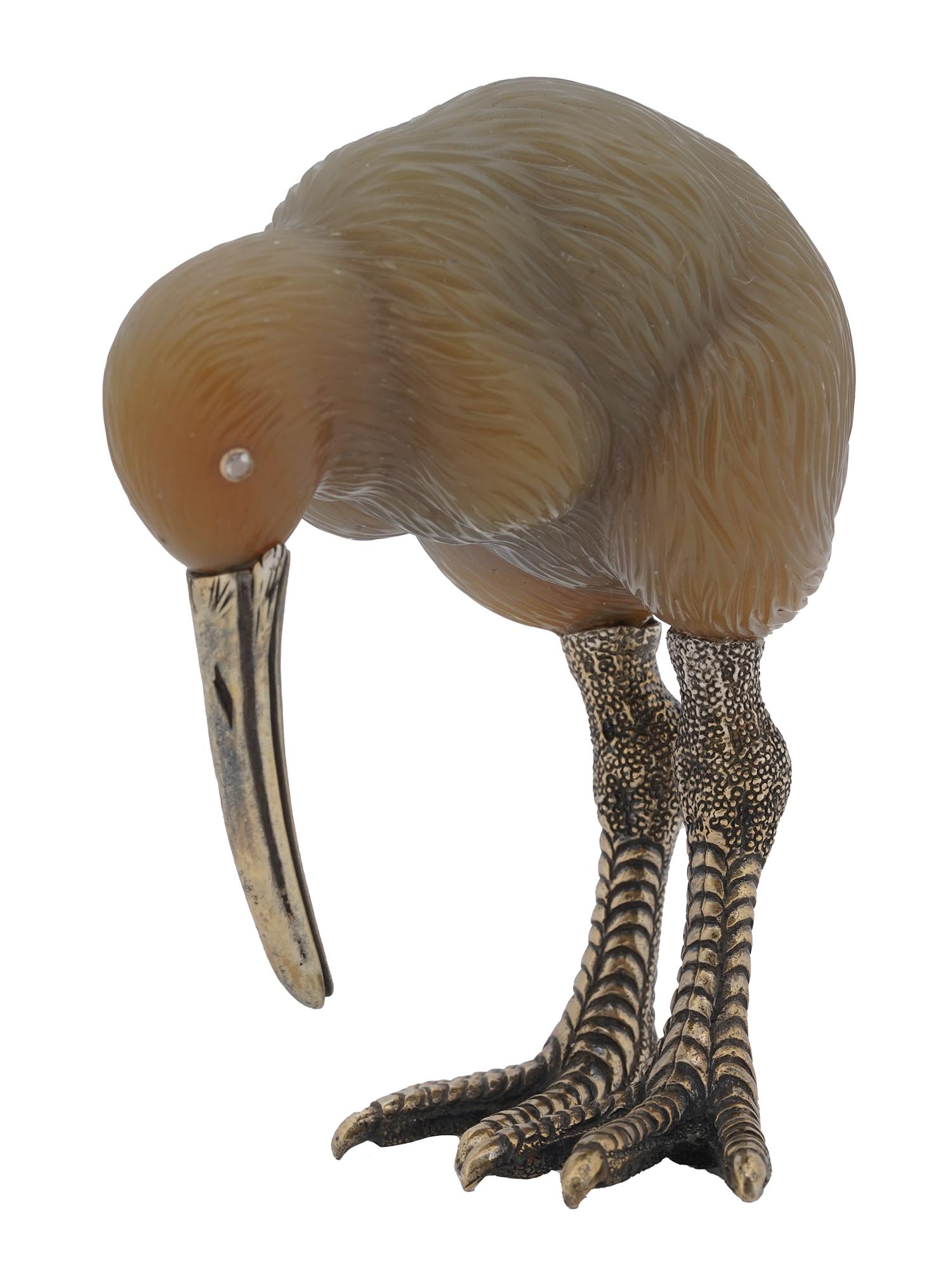 RUSSIAN CARVED AGATE AND GOLD KIWI BIRD FIGURINE PIC-0